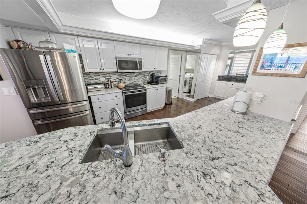 Interior, Kitchen, Marble, Stainless Steel Appliances, Wood Texture Flooring
