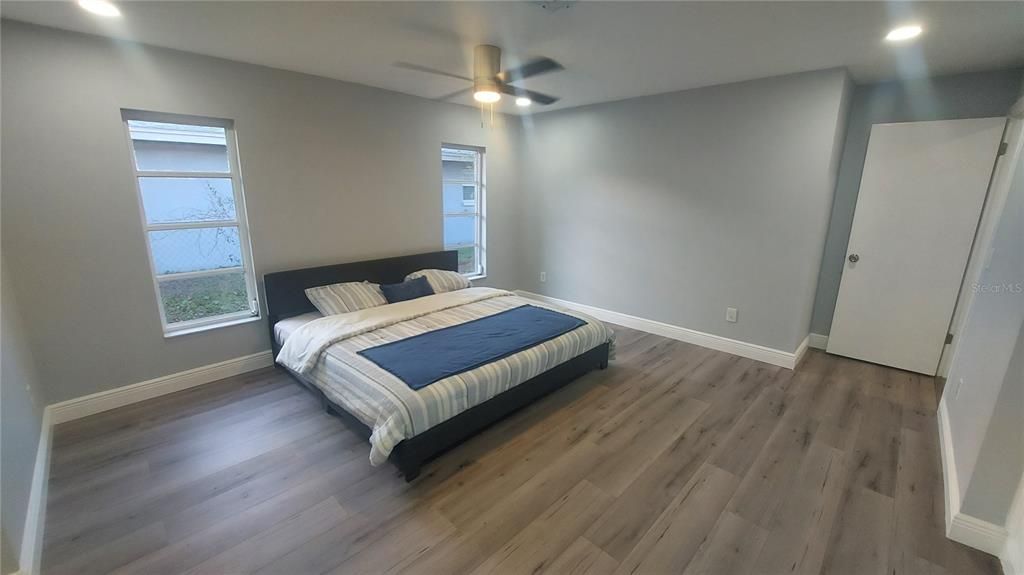 Bedroom, Interior, Recessed Lighting, Wood Texture Flooring