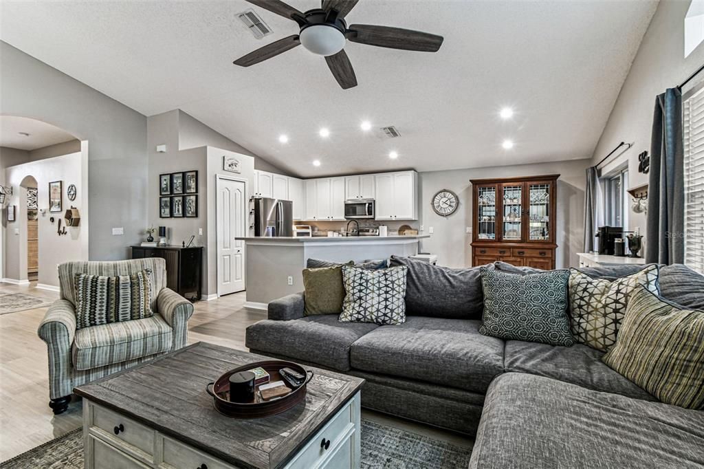 Interior, Kitchen, Living room, Recessed Lighting, Stainless Steel Appliances, Wood Texture Flooring