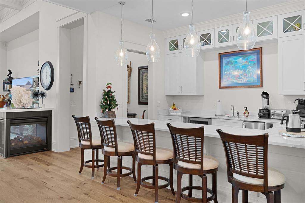 Fireplace, Interior, Kitchen, Pendant Lights, Recessed Lighting, Wood Texture Flooring