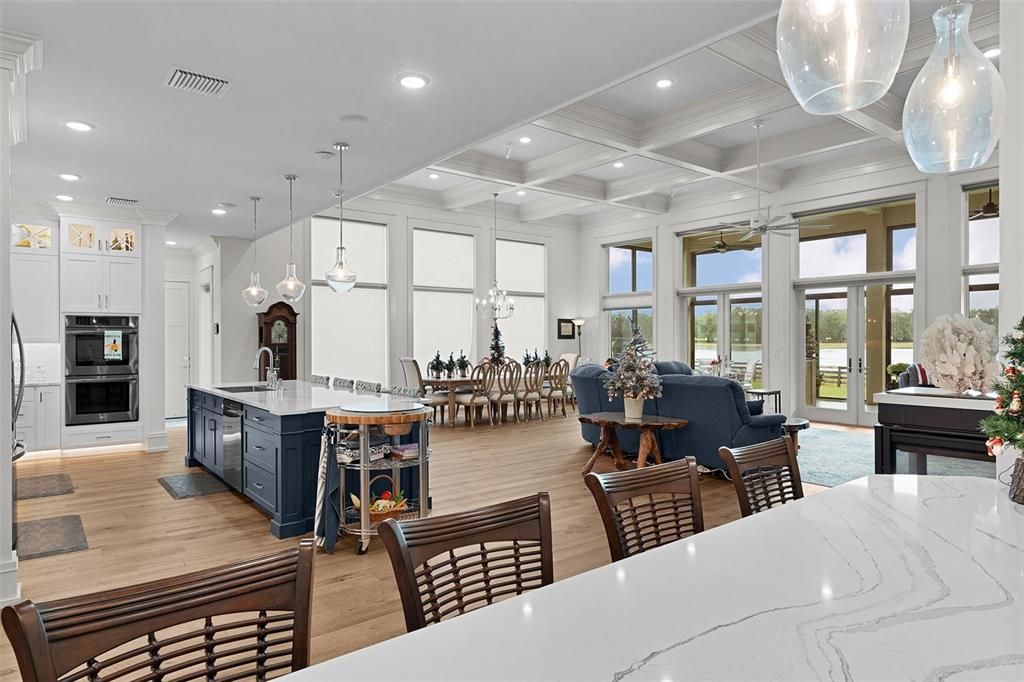 Dining room, Interior, Kitchen, Living room, Pendant Lights, Recessed Lighting, Stainless Steel Appliances, Wood Texture Flooring