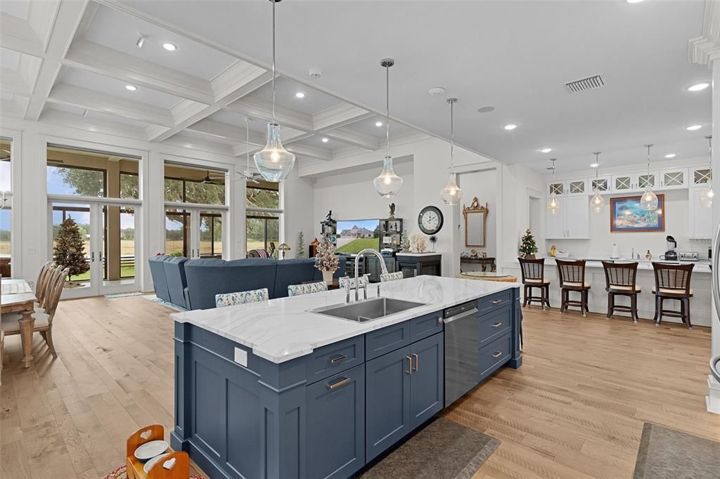 Dining room, Interior, Kitchen, Pendant Lights, Recessed Lighting, Wood Texture Flooring