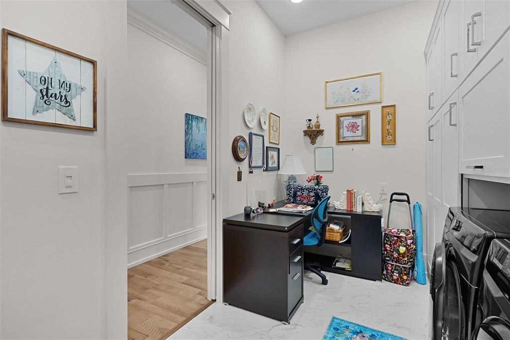 Home Office, Interior, Marble, Recessed Lighting, Wood Texture Flooring