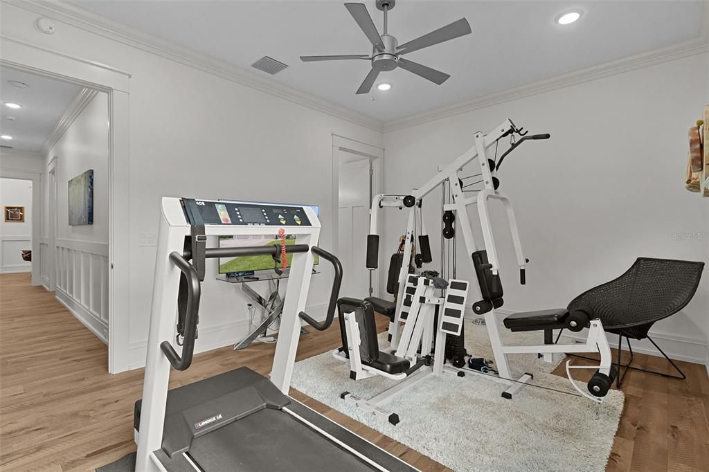 Fitness Equipment, Gym, Interior, Recessed Lighting, Wood Texture Flooring
