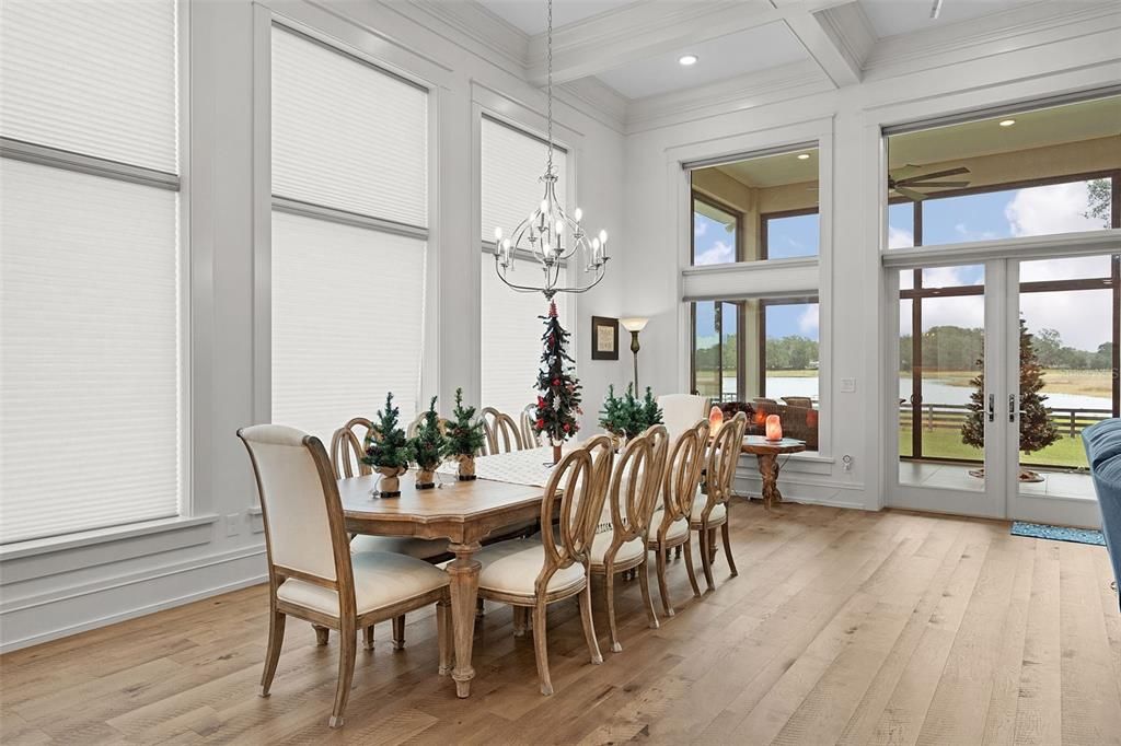 Chandelier, Dining room, Interior, Recessed Lighting, Water, Wood Texture Flooring