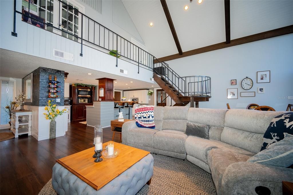 Interior, Kitchen, Living room, Recessed Lighting, Stone Walls, Wood Texture Flooring