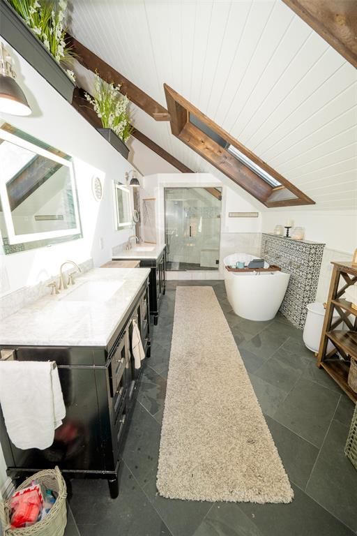 Bathroom, Dual Sink Vanities, Free Standing Baths, Glass Shower, Interior, Wooden Beams