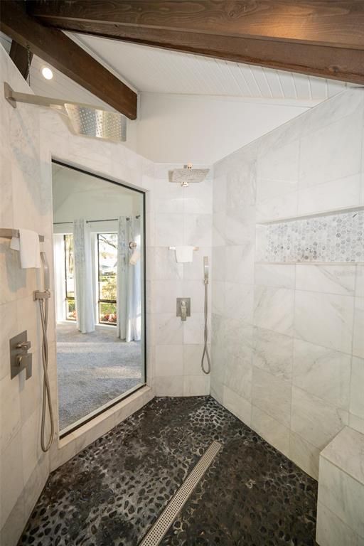 Bathroom, Glass Shower, Interior, Marble Walls, Wooden Beams