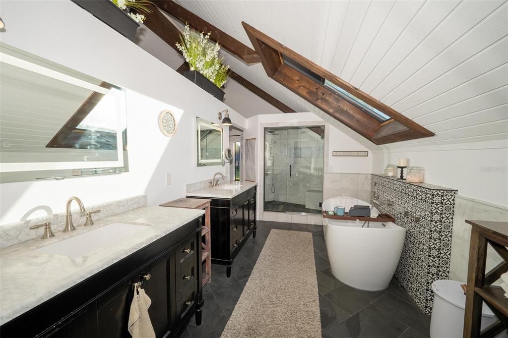 Bathroom, Dual Sink Vanities, Free Standing Baths, Glass Shower, Interior, Wooden Beams