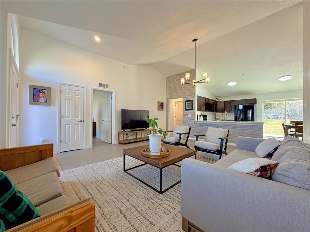 Interior, Kitchen, Living room, Pendant Lights, Recessed Lighting, Wood Texture Flooring