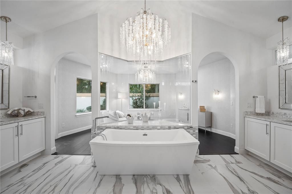 Bathroom, Chandelier, Free Standing Baths, Interior, Marble, Pendant Lights