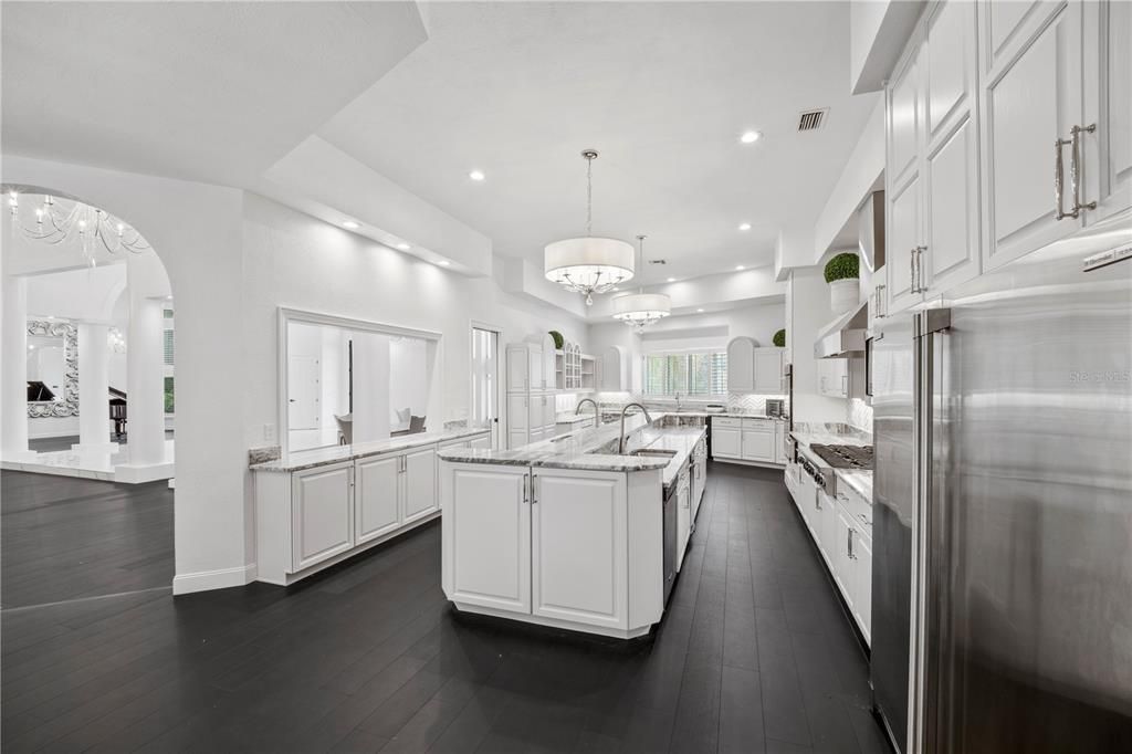 Chandelier, Interior, Kitchen, Recessed Lighting, Stainless Steel Appliances, Wood Texture Flooring