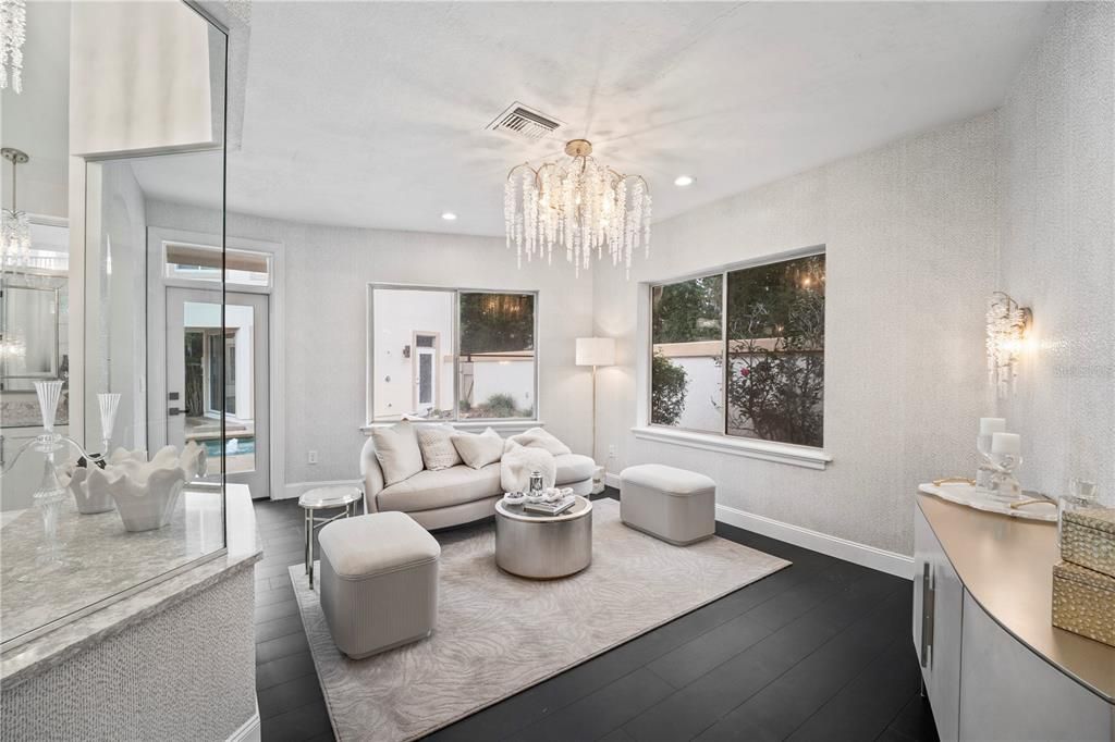 Chandelier, Interior, Living room, Recessed Lighting, Wood Texture Flooring