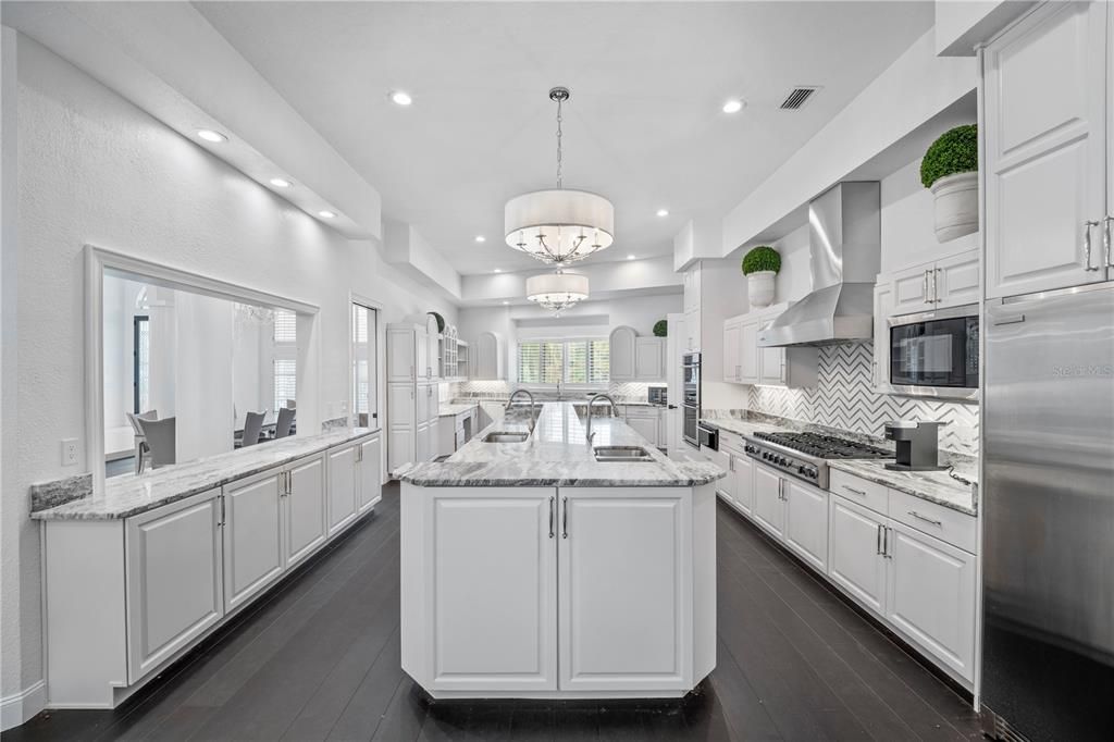 Chandelier, Interior, Kitchen, Pendant Lights, Recessed Lighting, Stainless Steel Appliances, Wood Texture Flooring