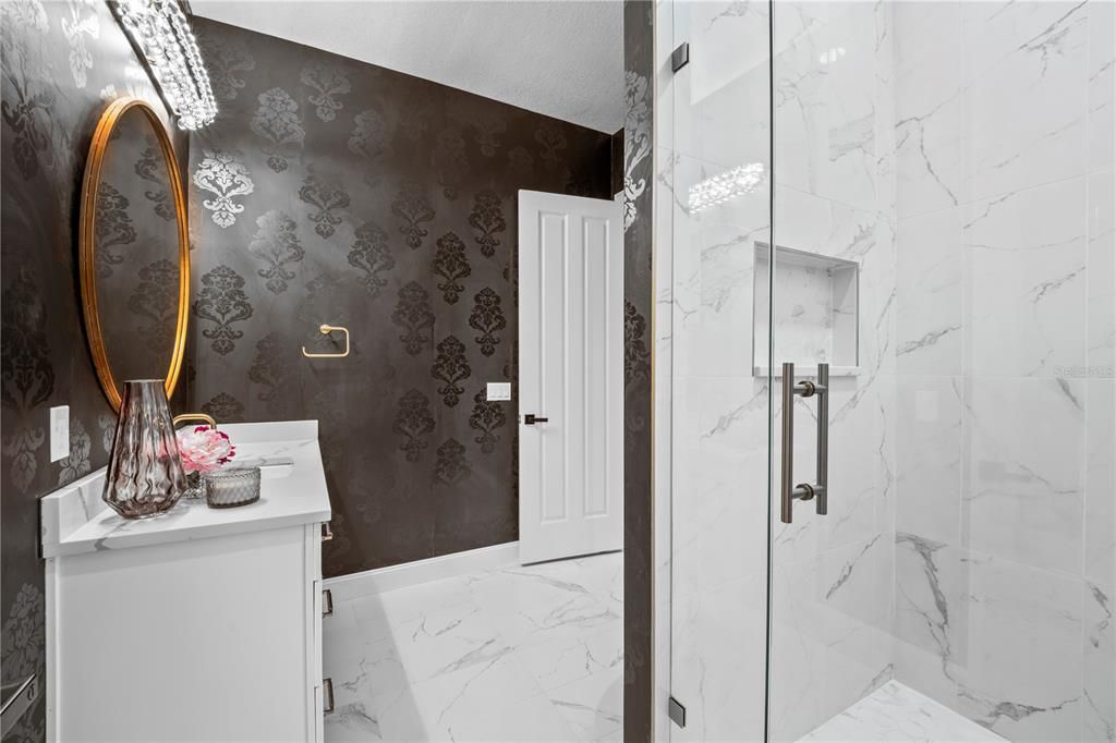 Bathroom, Glass Shower, Interior, Marble, Marble Walls