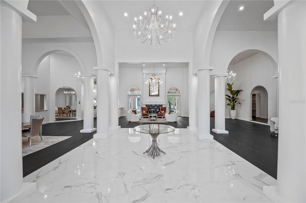 Chandelier, Interior, Living room, Marble, Recessed Lighting, Wood Texture Flooring