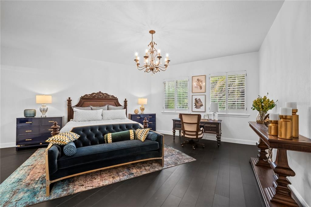 Bedroom, Chandelier, Home Office, Interior, Wood Texture Flooring