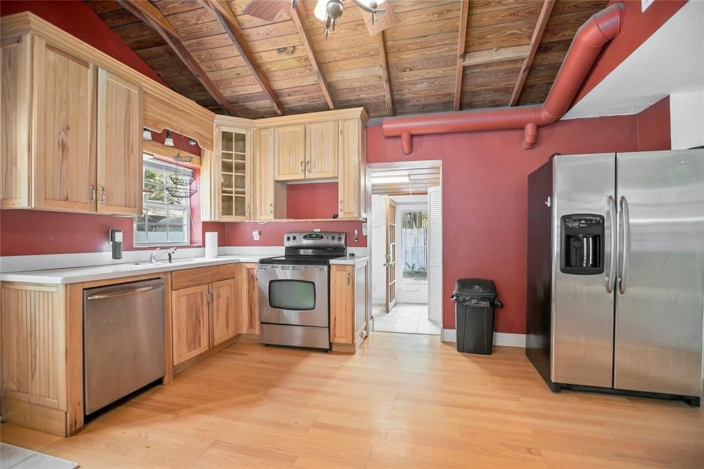 Interior, Kitchen, Stainless Steel Appliances, Wooden Beams, Wooden Ceilings, Wood Texture Flooring