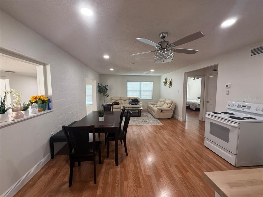 Dining room, Interior, Kitchen, Living room, Recessed Lighting, Wood Texture Flooring