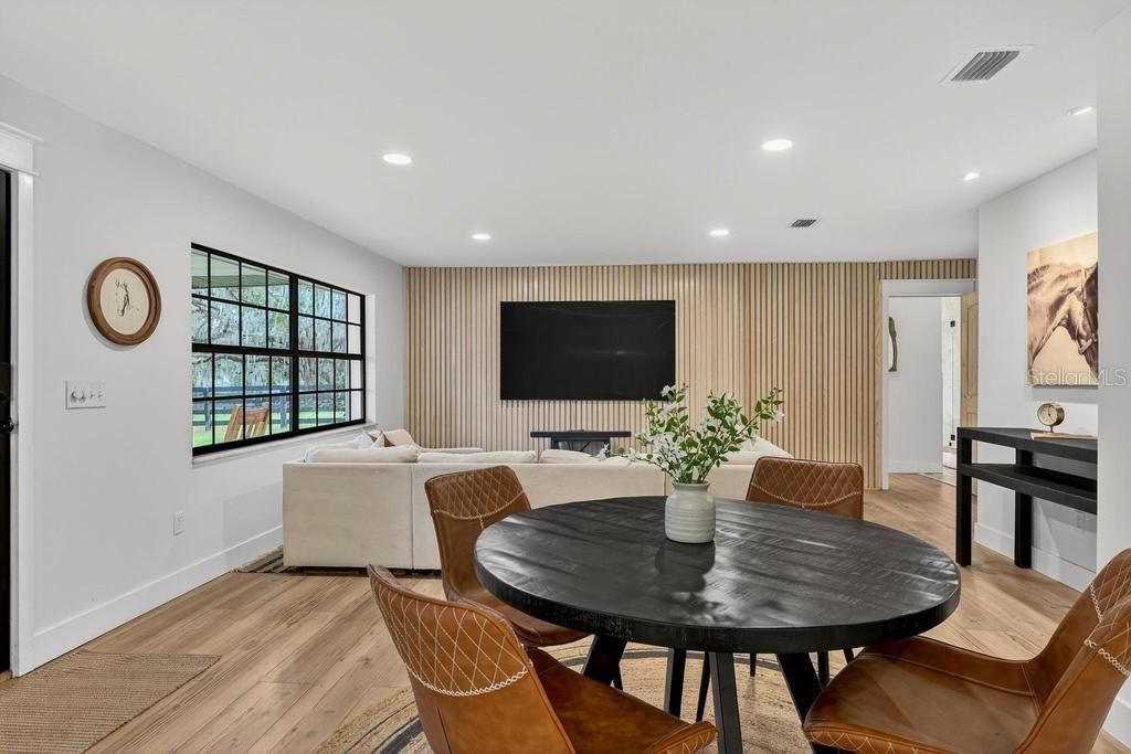 Dining room, Interior, Living room, Recessed Lighting, Wood Texture Flooring