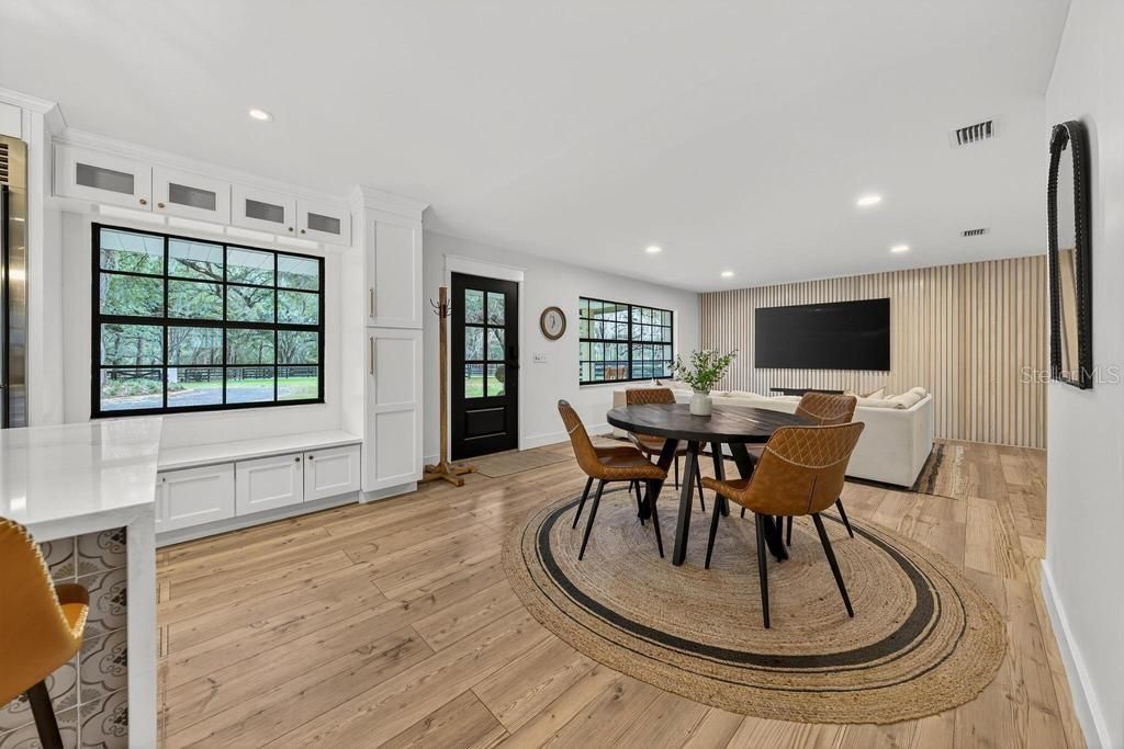 Dining room, Interior, Living room, Recessed Lighting, Wood Texture Flooring