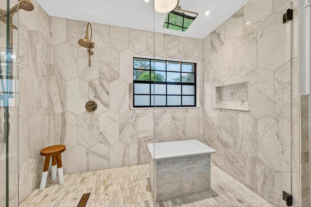 Bathroom, Interior, Marble Walls, Recessed Lighting
