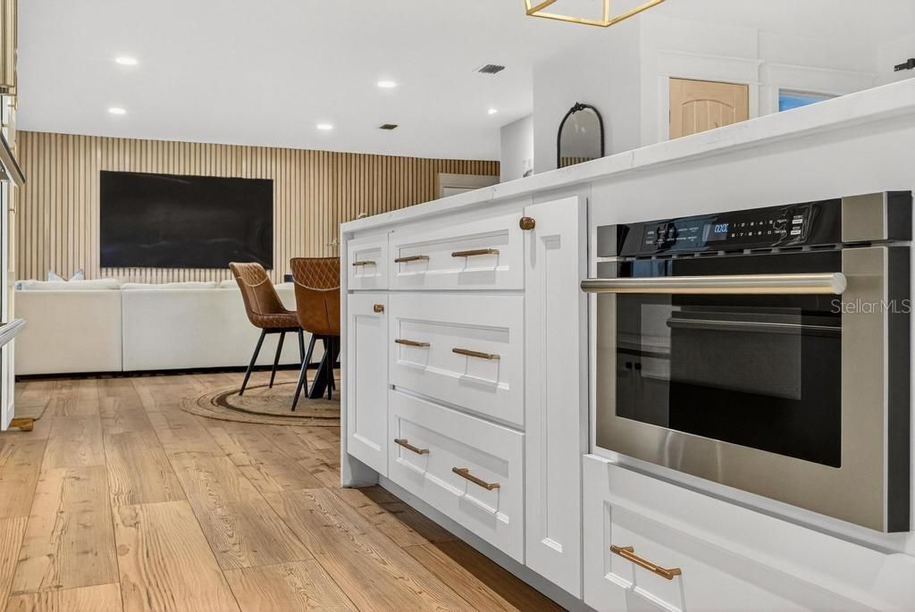 Interior, Kitchen, Living room, Recessed Lighting, Stainless Steel Appliances, Wood Texture Flooring