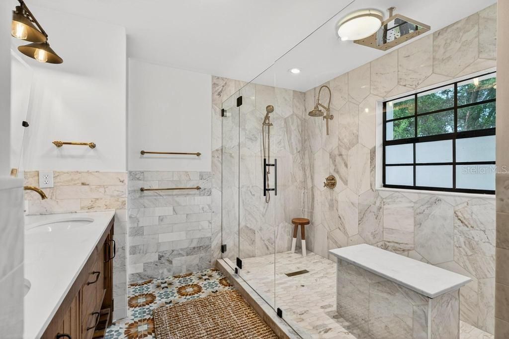 Bathroom, Glass Shower, Interior, Marble Walls, Recessed Lighting