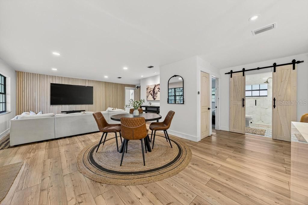 Dining room, Interior, Living room, Recessed Lighting, Wood Texture Flooring