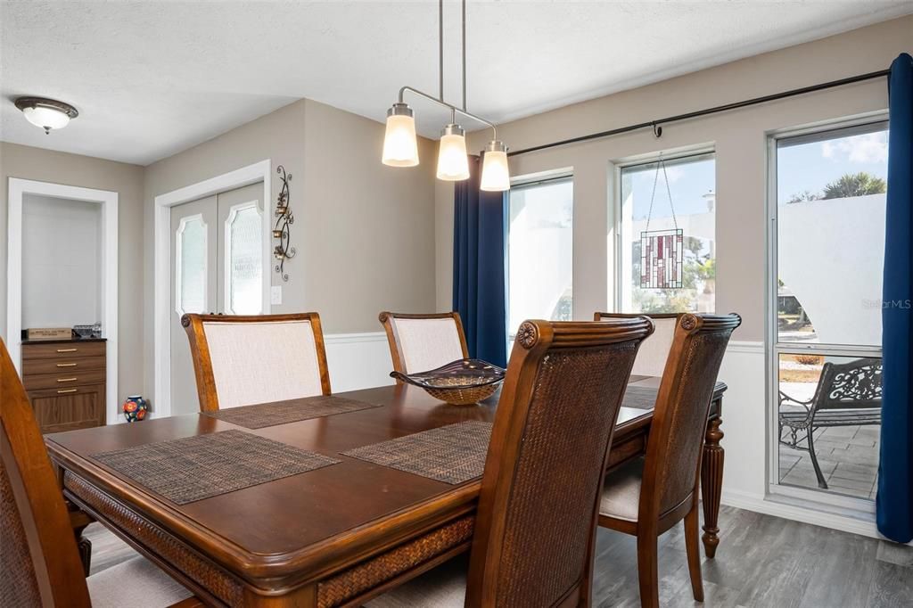 Dining room, Interior, Pendant Lights, Wood Texture Flooring