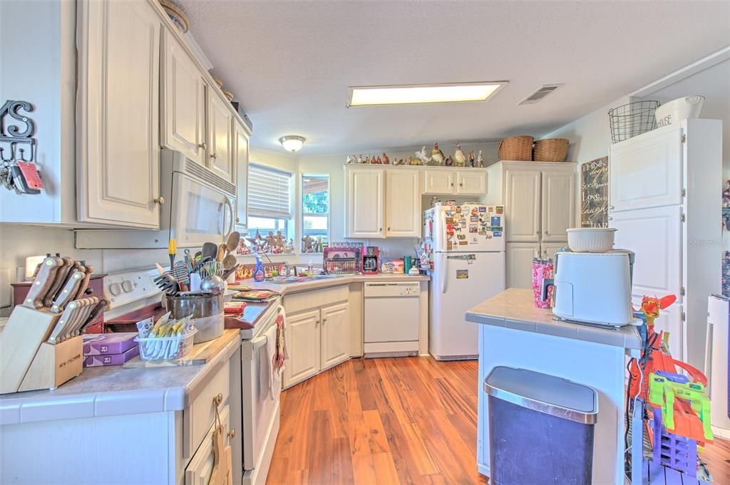 Interior, Kitchen, Tile Countertops, Wood Texture Flooring