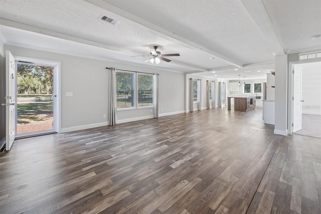 Empty room, Interior, Kitchen, Pendant Lights, Recessed Lighting, Wood Texture Flooring