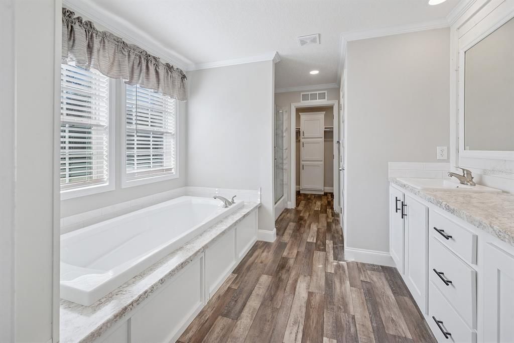 Bathroom, Interior, Recessed Lighting, Wood Texture Flooring