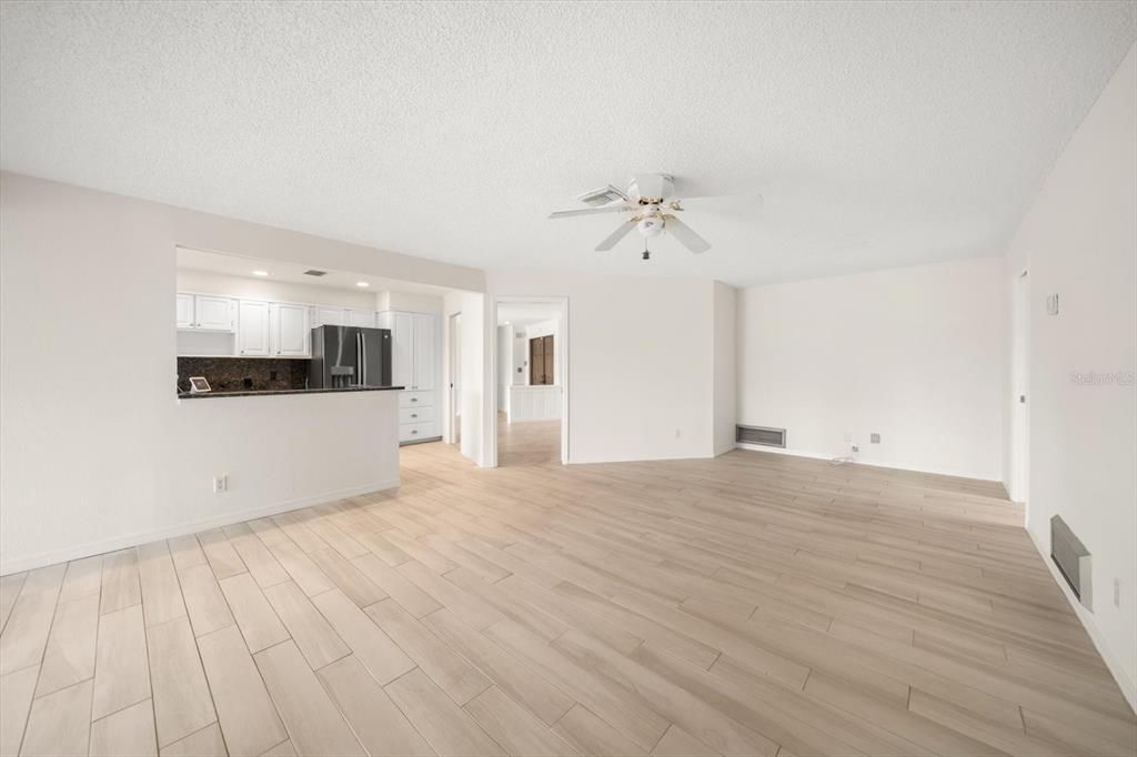 Empty room, Interior, Kitchen, Recessed Lighting, Wood Texture Flooring