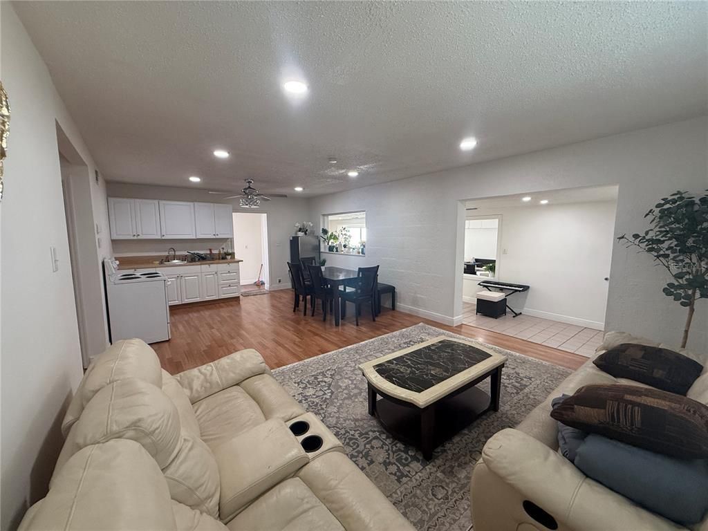 Dining room, Interior, Kitchen, Living room, Recessed Lighting, Wood Texture Flooring