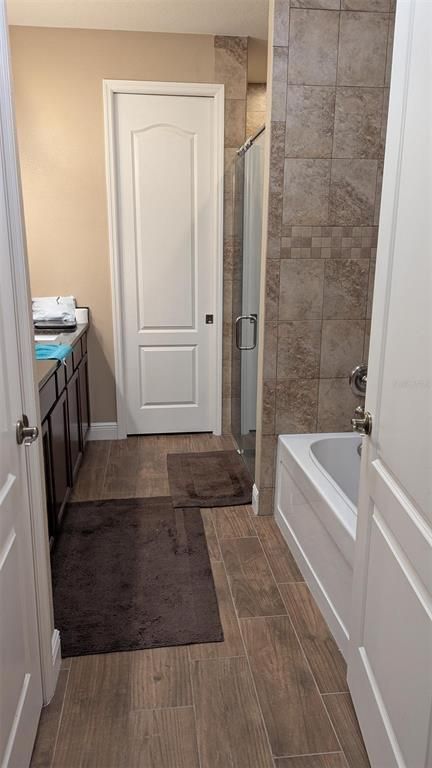 Bathroom, Glass Shower, Interior, Wood Texture Flooring