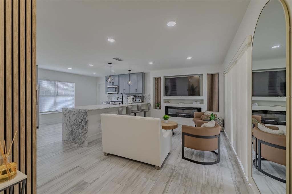 Interior, Kitchen, Living room, Pendant Lights, Recessed Lighting, Wood Texture Flooring