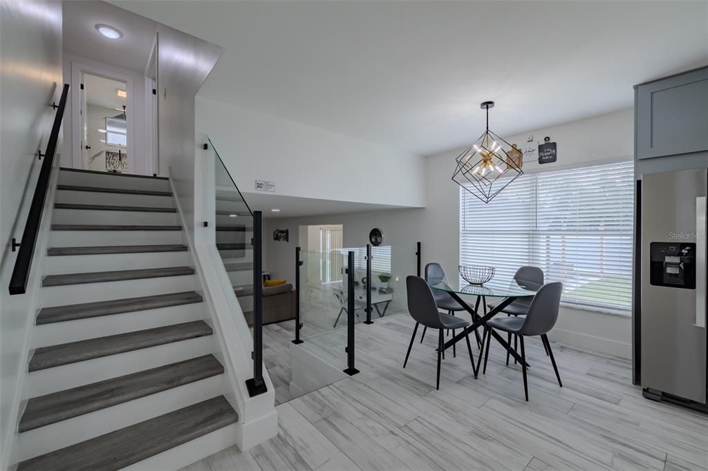 Dining room, Interior, Pendant Lights, Recessed Lighting, Wood Texture Flooring