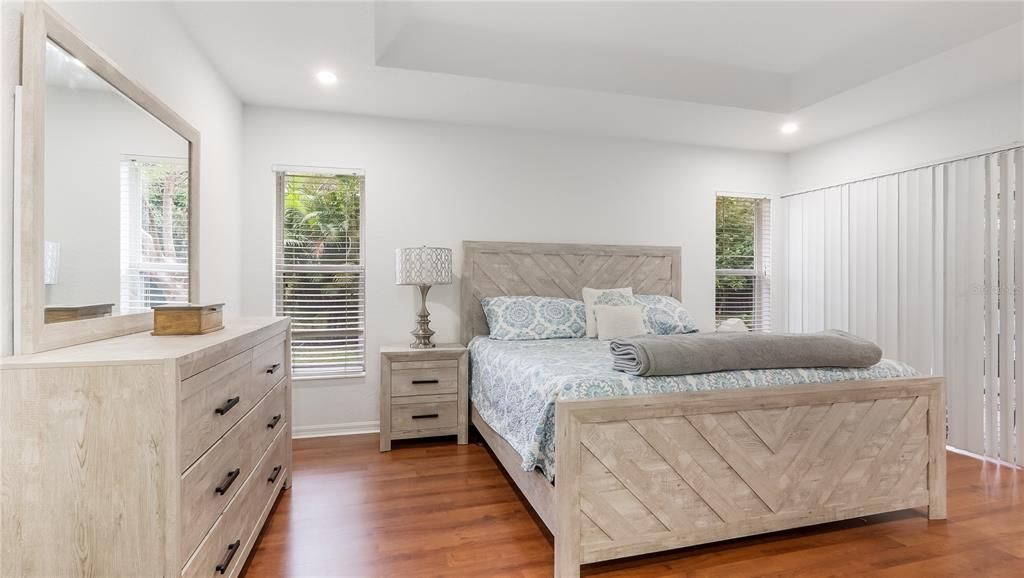 Bedroom, Interior, Recessed Lighting, Wood Texture Flooring