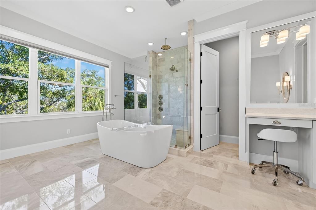 Bathroom, Free Standing Baths, Glass Shower, Interior, Recessed Lighting