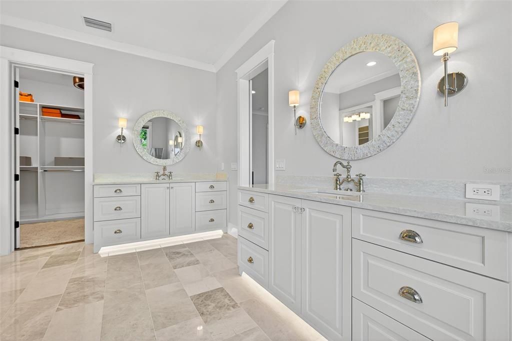 Bathroom, Dual Sink Vanities, Interior, Recessed Lighting, Walk-in Closets