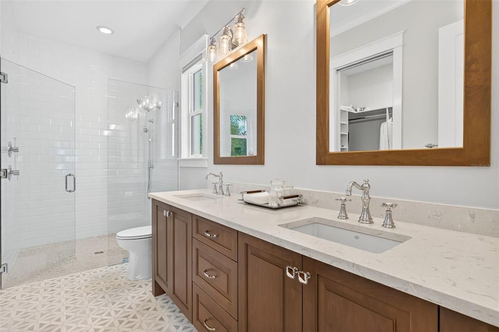 Bathroom, Dual Sink Vanities, Glass Shower, Interior, Recessed Lighting