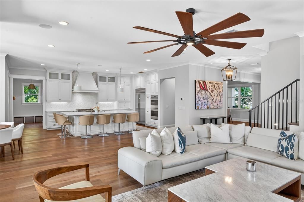 Dining room, Interior, Kitchen, Living room, Pendant Lights, Recessed Lighting, Stainless Steel Appliances, Wood Texture Flooring