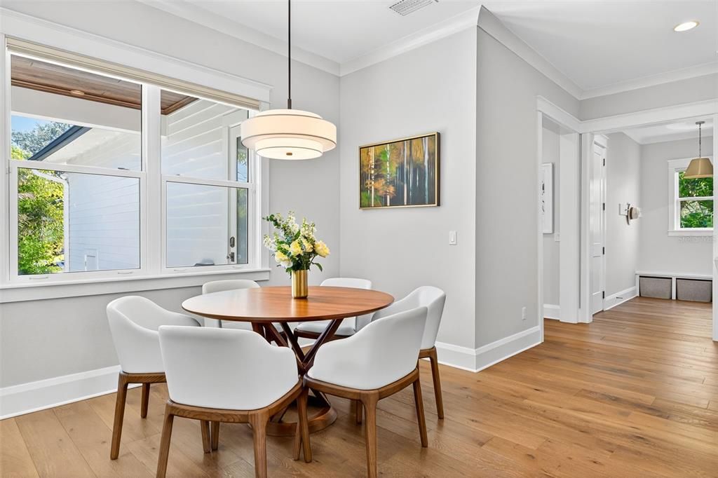 Dining room, Interior, Pendant Lights, Recessed Lighting, Wood Texture Flooring
