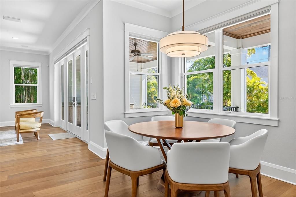 Dining room, Interior, Pendant Lights, Recessed Lighting, Wood Texture Flooring