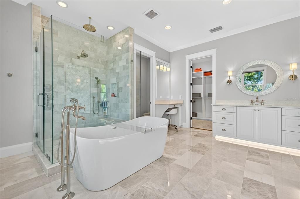 Bathroom, Free Standing Baths, Glass Shower, Interior, Recessed Lighting