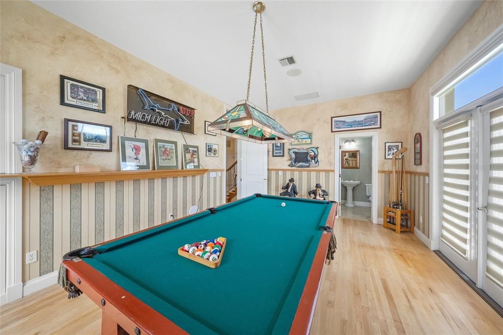 Billiard Table, Game Room, Interior, Pendant Lights, Wood Texture Flooring