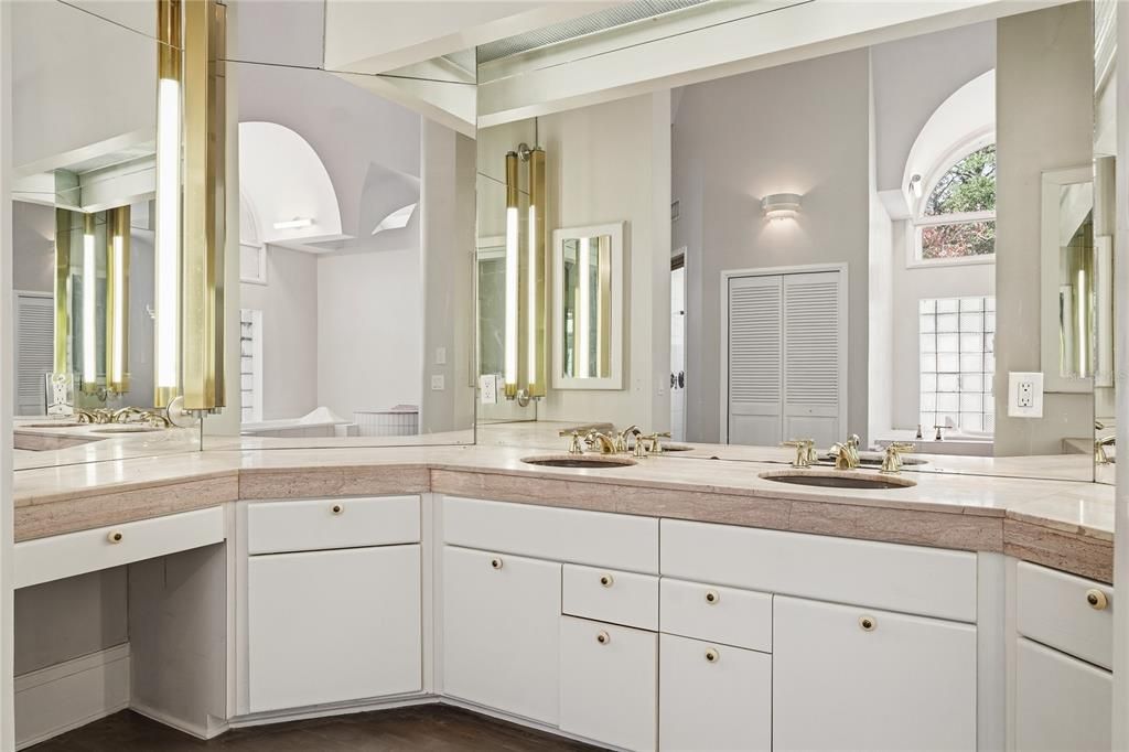 Bathroom, Dual Sink Vanities, Interior, Tile Countertops, Wood Texture Flooring