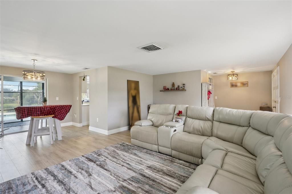 Dining room, Interior, Living room, Pendant Lights, Wood Texture Flooring