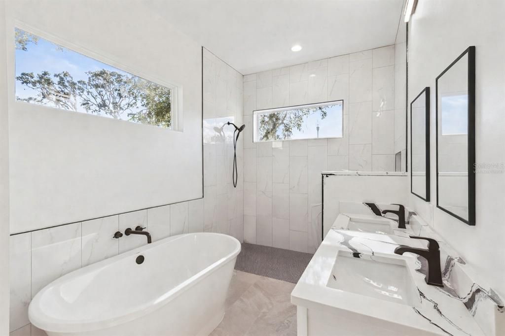 Bathroom, Dual Sink Vanities, Free Standing Baths, Interior, Marble Walls, Recessed Lighting